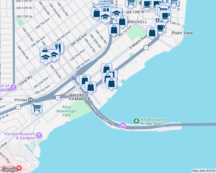 map of restaurants, bars, coffee shops, grocery stores, and more near in Miami
