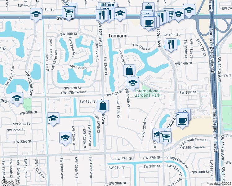 map of restaurants, bars, coffee shops, grocery stores, and more near 1740 Southwest 125th Court in Miami
