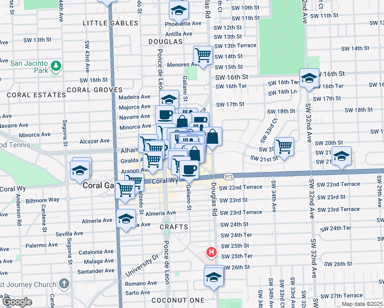 map of restaurants, bars, coffee shops, grocery stores, and more near 95 Merrick Way in Coral Gables