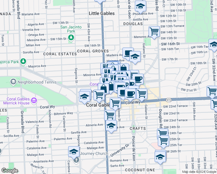 map of restaurants, bars, coffee shops, grocery stores, and more near 396 Alhambra Circle in Coral Gables