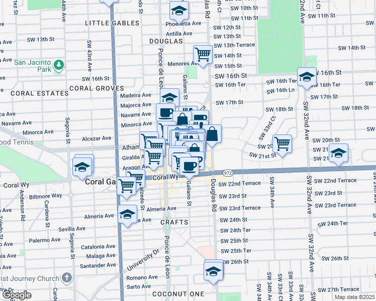 map of restaurants, bars, coffee shops, grocery stores, and more near 95 Merrick Way in Coral Gables