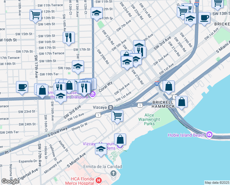 map of restaurants, bars, coffee shops, grocery stores, and more near 200 Southwest 30th Road in Miami