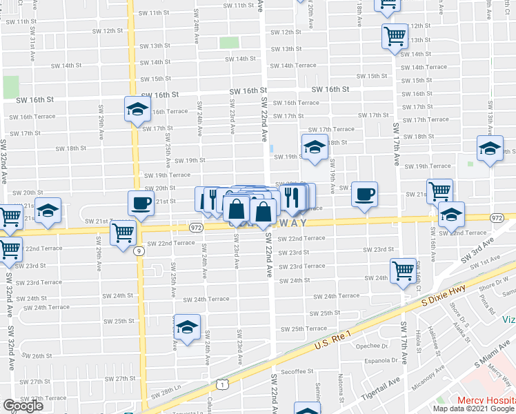 map of restaurants, bars, coffee shops, grocery stores, and more near 2210 Southwest 21st Street in Miami
