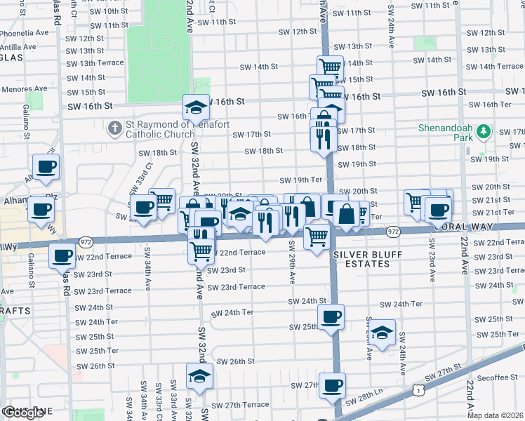 map of restaurants, bars, coffee shops, grocery stores, and more near 3005 Southwest 21st Street in Miami