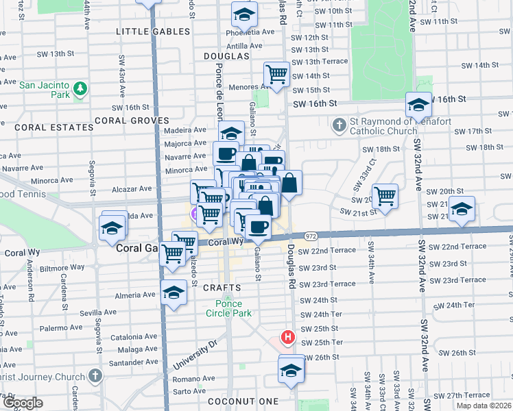 map of restaurants, bars, coffee shops, grocery stores, and more near in Coral Gables