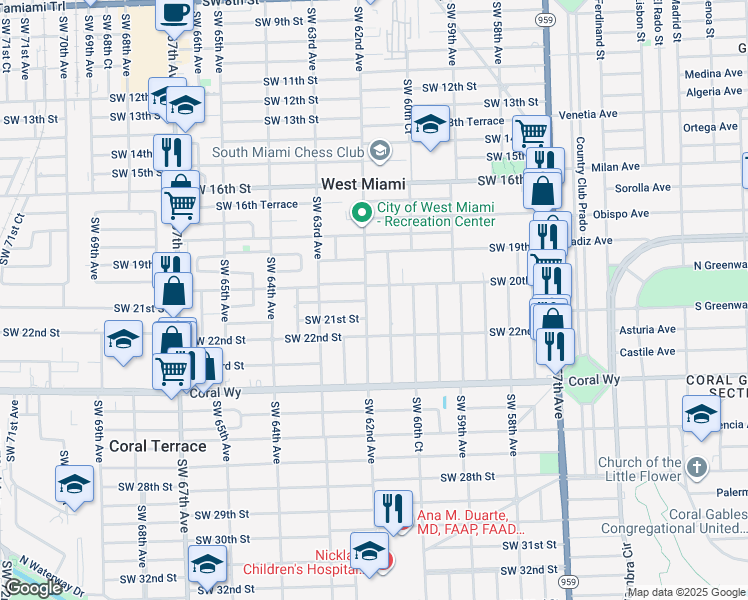 map of restaurants, bars, coffee shops, grocery stores, and more near 6130 Southwest 20th Street in Miami