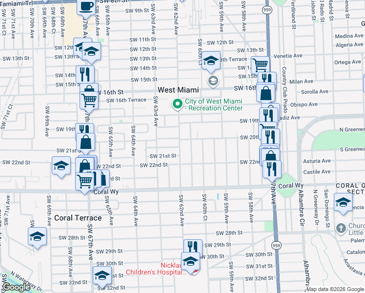 map of restaurants, bars, coffee shops, grocery stores, and more near 6130 Southwest 20th Street in Miami