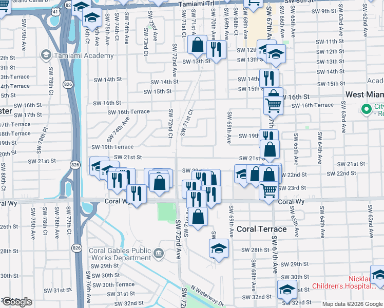map of restaurants, bars, coffee shops, grocery stores, and more near 7100 Southwest 19th Terrace in Miami