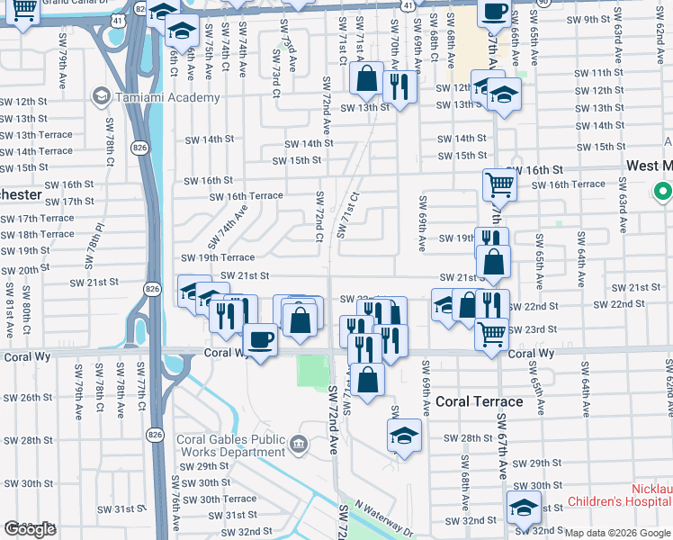 map of restaurants, bars, coffee shops, grocery stores, and more near 1930 Southwest 71st Court in Miami