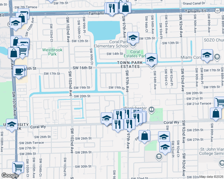 map of restaurants, bars, coffee shops, grocery stores, and more near 1820 Southwest 97th Place in Miami