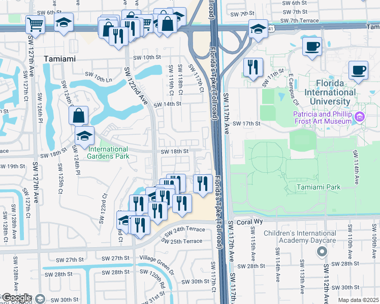 map of restaurants, bars, coffee shops, grocery stores, and more near 11801 Southwest 18th Street in Miami