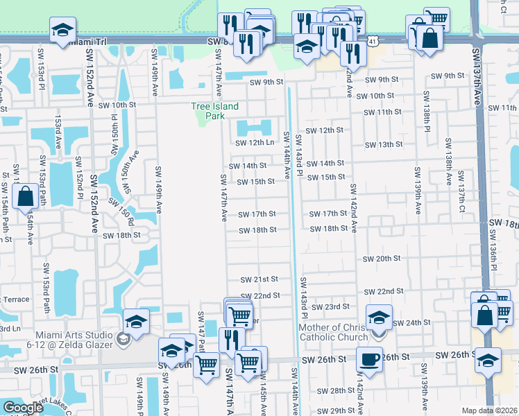 map of restaurants, bars, coffee shops, grocery stores, and more near 14455 Southwest 16th Street in Miami