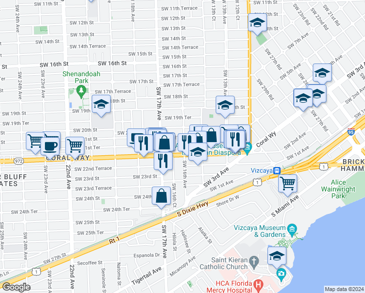 map of restaurants, bars, coffee shops, grocery stores, and more near 2100 Southwest 16th Avenue in Miami