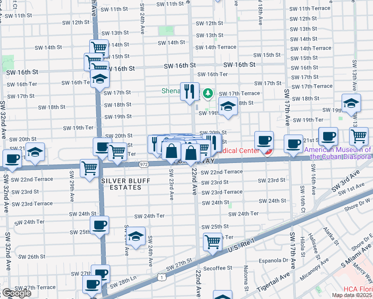 map of restaurants, bars, coffee shops, grocery stores, and more near 2225 Southwest 21st Terrace in Miami
