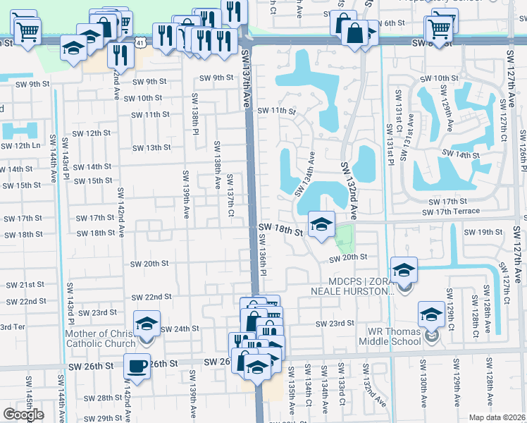 map of restaurants, bars, coffee shops, grocery stores, and more near 1656 Southwest 136th Place in Miami