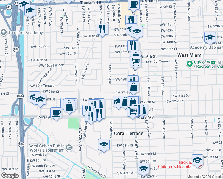 map of restaurants, bars, coffee shops, grocery stores, and more near 6880 Southwest 19th Terrace in Miami