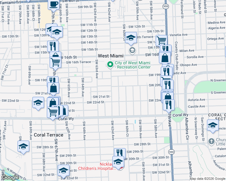 map of restaurants, bars, coffee shops, grocery stores, and more near 6130 Southwest 20th Street in Miami