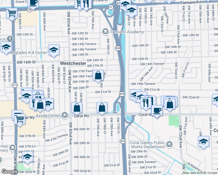 map of restaurants, bars, coffee shops, grocery stores, and more near 7761 Southwest 20th Street in Miami