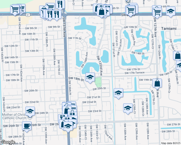 map of restaurants, bars, coffee shops, grocery stores, and more near 13201 Southwest 17th Lane in Miami