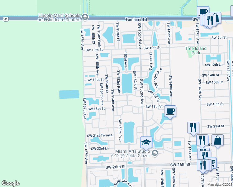 map of restaurants, bars, coffee shops, grocery stores, and more near 1571 Southwest 153rd Path in Miami