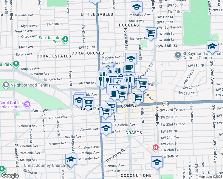 map of restaurants, bars, coffee shops, grocery stores, and more near 299 Alhambra Circle in Coral Gables