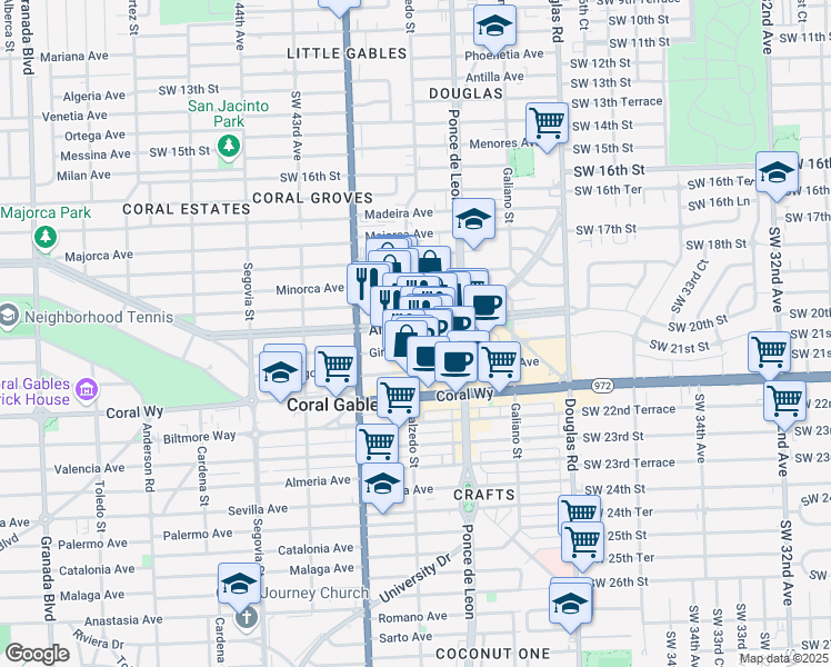 map of restaurants, bars, coffee shops, grocery stores, and more near 299 Alhambra Circle in Coral Gables