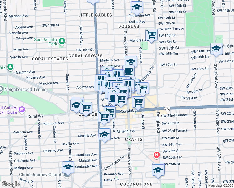 map of restaurants, bars, coffee shops, grocery stores, and more near 299 Alhambra Circle in Coral Gables