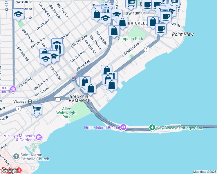 map of restaurants, bars, coffee shops, grocery stores, and more near 2285 Brickell Avenue in Miami