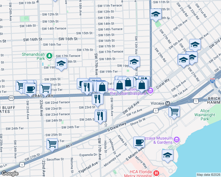 map of restaurants, bars, coffee shops, grocery stores, and more near 2100 Southwest 16th Avenue in Miami