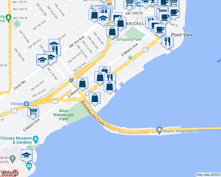 map of restaurants, bars, coffee shops, grocery stores, and more near 2101 Brickell Avenue in Miami