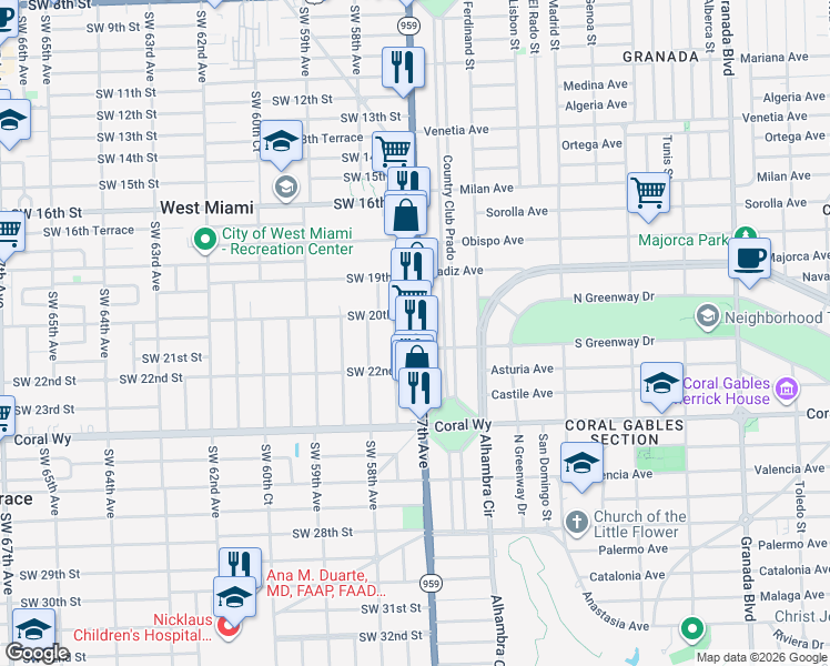 map of restaurants, bars, coffee shops, grocery stores, and more near 2022 Red Road in Miami
