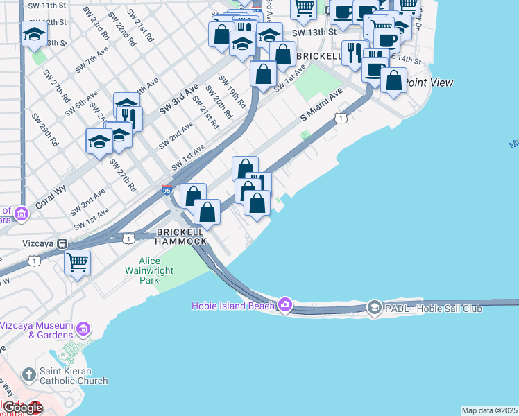 map of restaurants, bars, coffee shops, grocery stores, and more near 2101 Brickell Avenue in Miami