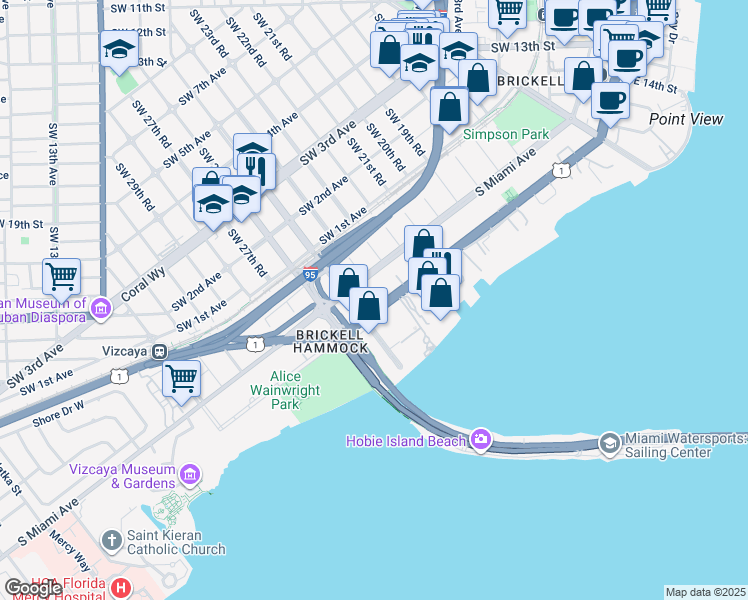 map of restaurants, bars, coffee shops, grocery stores, and more near 2420 Brickell Avenue in Miami