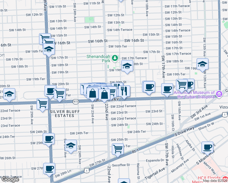 map of restaurants, bars, coffee shops, grocery stores, and more near 2130 Southwest 21st Street in Miami
