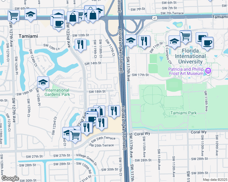 map of restaurants, bars, coffee shops, grocery stores, and more near 11757 Southwest 18th Street in Miami