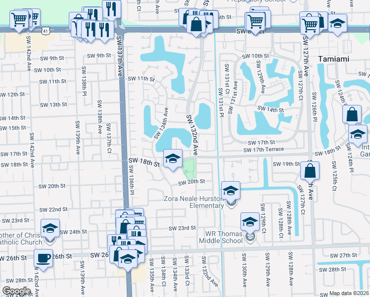 map of restaurants, bars, coffee shops, grocery stores, and more near 13250 Southwest 17th Lane in Miami