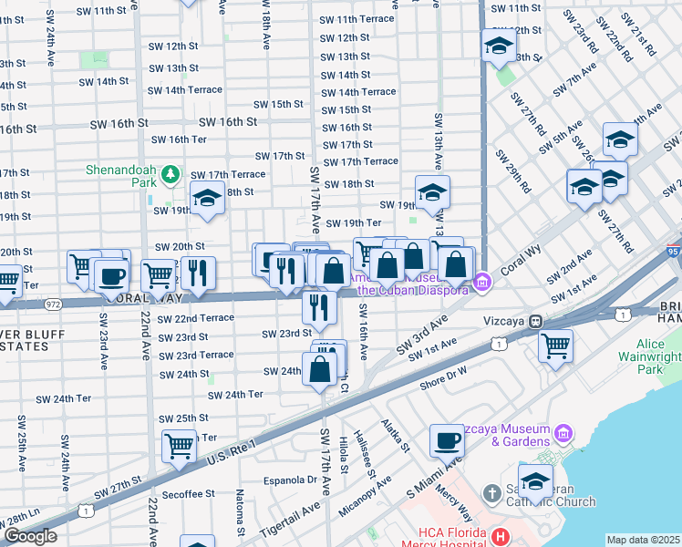 map of restaurants, bars, coffee shops, grocery stores, and more near 1664 Southwest 21st Street in Miami