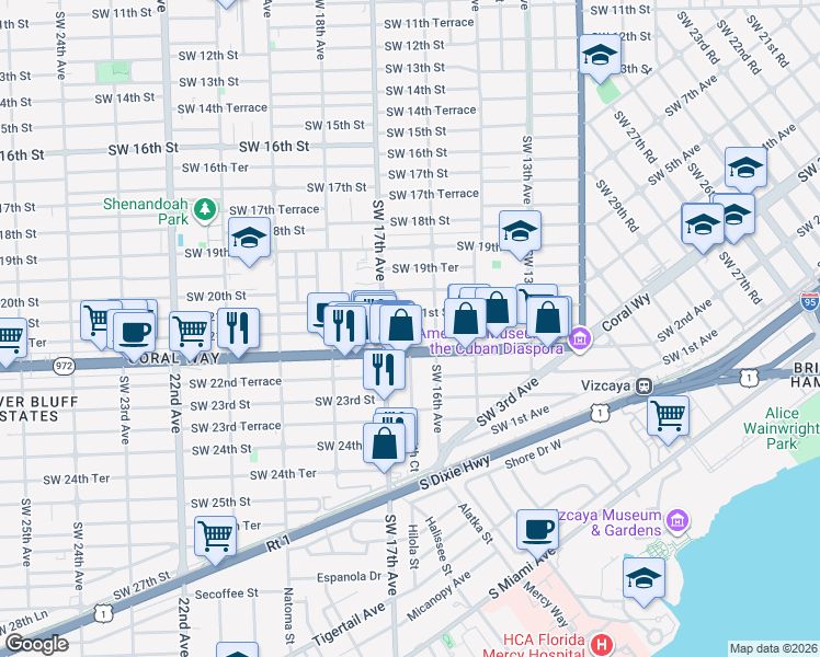 map of restaurants, bars, coffee shops, grocery stores, and more near 2150 Southwest 16th Avenue in Miami