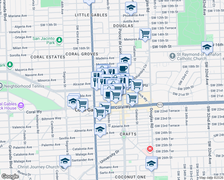 map of restaurants, bars, coffee shops, grocery stores, and more near 299 Alhambra Circle in Coral Gables