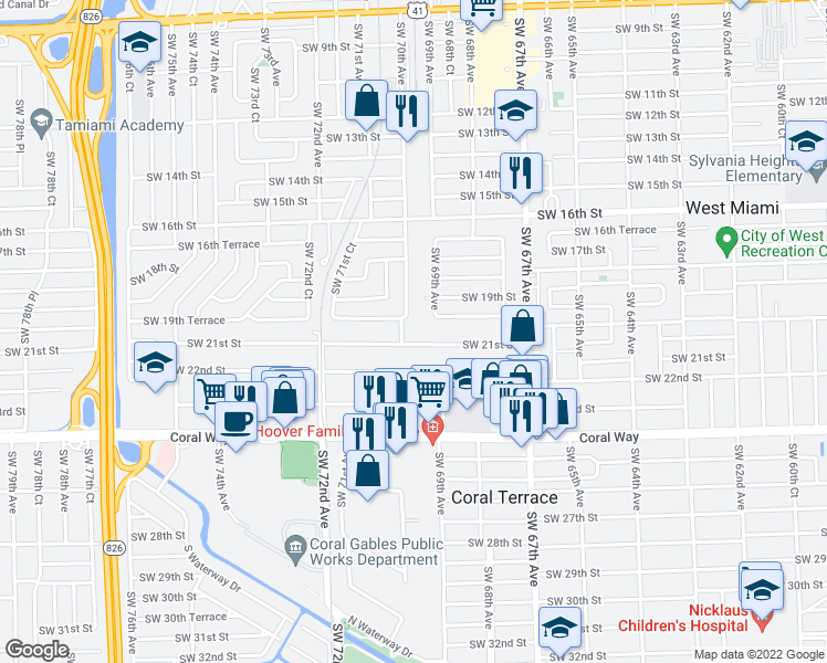 map of restaurants, bars, coffee shops, grocery stores, and more near 2811 Southwest 70th Avenue in Miami