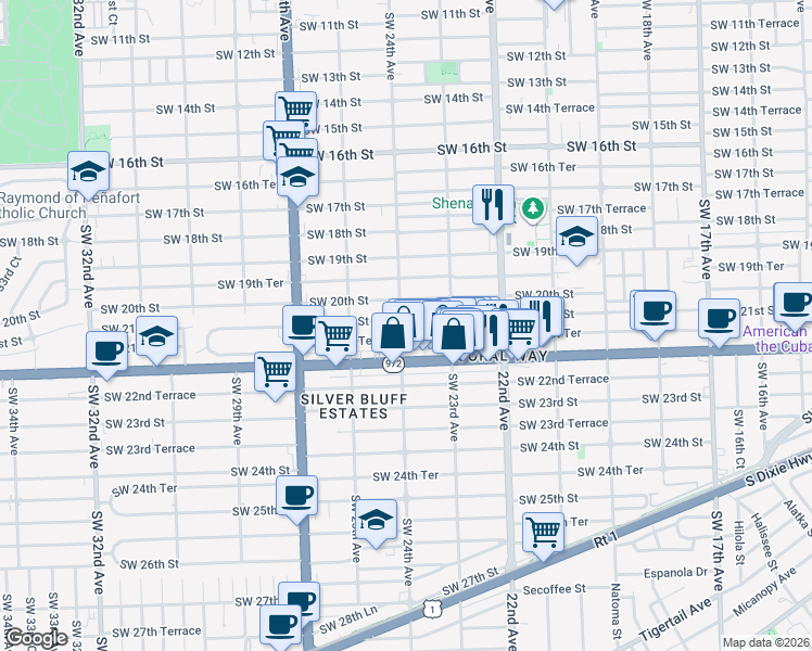 map of restaurants, bars, coffee shops, grocery stores, and more near 2368 Southwest 21st Street in Miami
