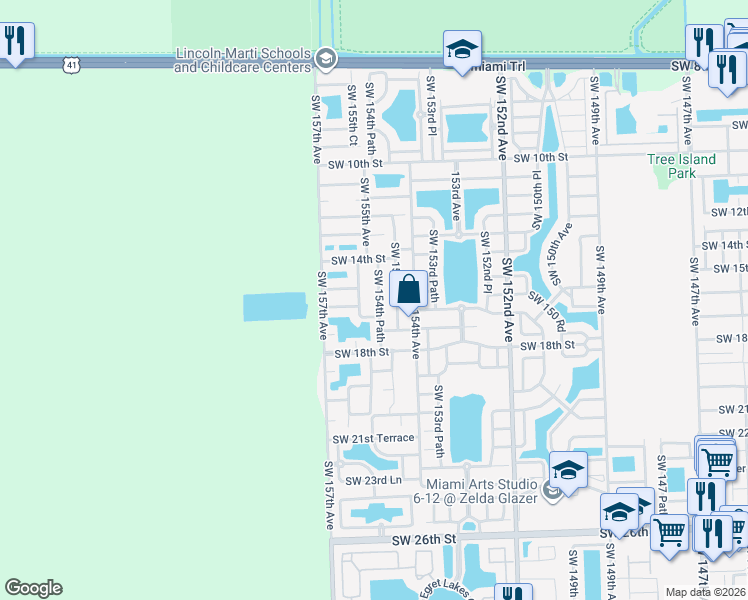 map of restaurants, bars, coffee shops, grocery stores, and more near 1590 Southwest 154th Path in Miami