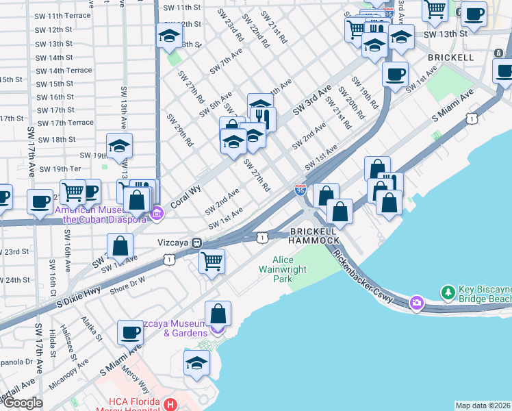 map of restaurants, bars, coffee shops, grocery stores, and more near 84 Southwest 28th Road in Miami