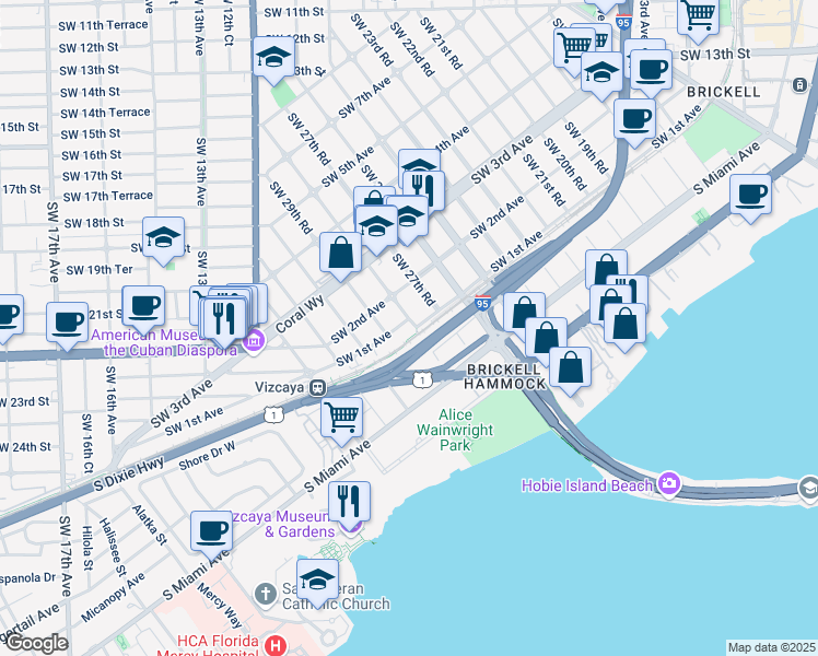 map of restaurants, bars, coffee shops, grocery stores, and more near 84 Southwest 28th Road in Miami