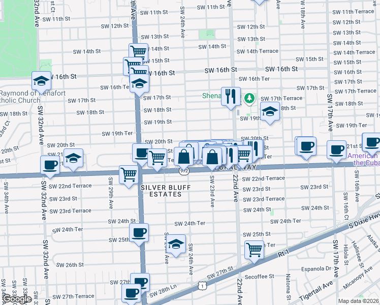 map of restaurants, bars, coffee shops, grocery stores, and more near 2368 Southwest 21st Street in Miami