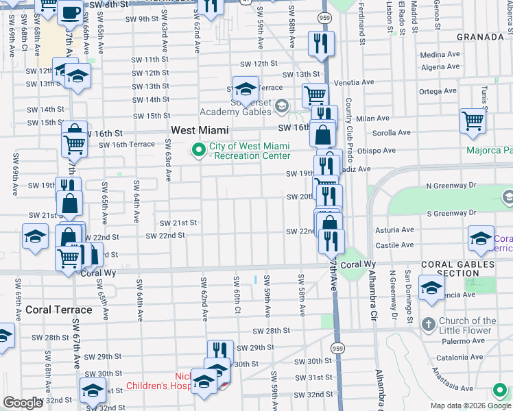map of restaurants, bars, coffee shops, grocery stores, and more near 5914 Southwest 20th Street in Miami