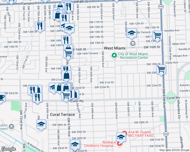 map of restaurants, bars, coffee shops, grocery stores, and more near in Coral Terrace