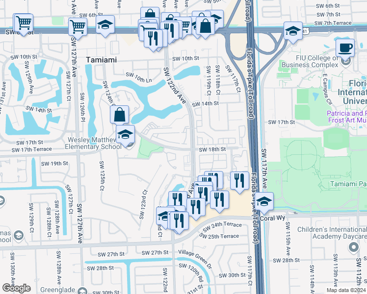 map of restaurants, bars, coffee shops, grocery stores, and more near 1620 Southwest 122nd Court in Miami