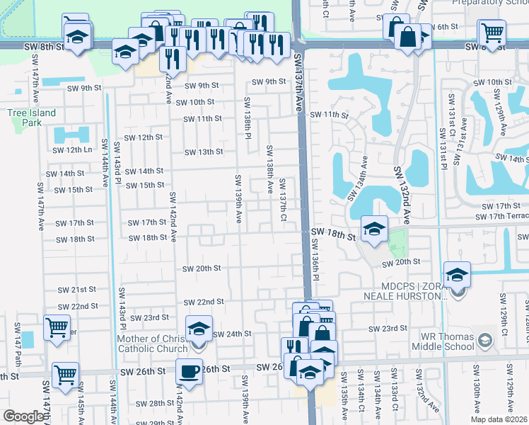 map of restaurants, bars, coffee shops, grocery stores, and more near 1634 Southwest 138th Place in Miami