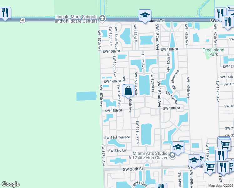 map of restaurants, bars, coffee shops, grocery stores, and more near 1590 Southwest 154th Path in Miami